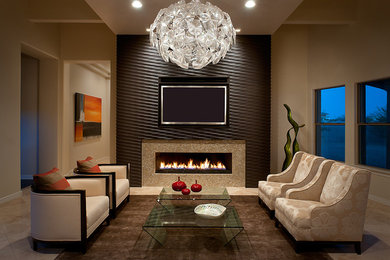 Living room - contemporary living room idea in Phoenix with a ribbon fireplace