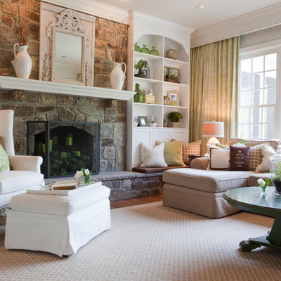 Inspiration for a mid-sized timeless formal and enclosed dark wood floor and brown floor living room remodel in Baltimore with a standard fireplace, a stone fireplace and no tv
