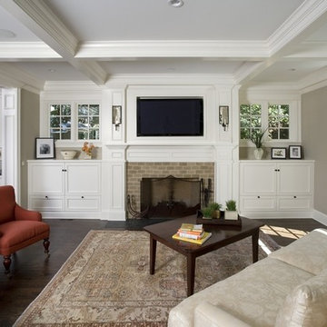 Family Room Featuring Painted White Traditional Millwork and Coffer Ceiling