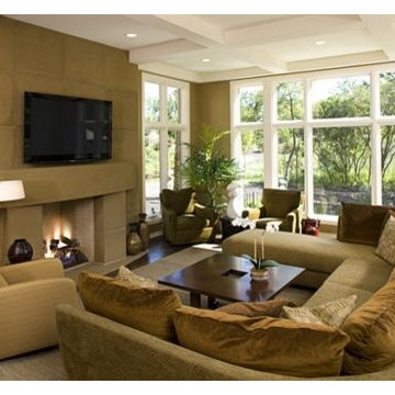 Family Room with Cofferred Ceiling and Cast Stone Fireplace