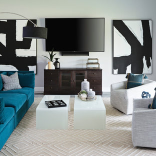 Living room - contemporary living room idea in Miami with gray walls and a wall-mounted tv