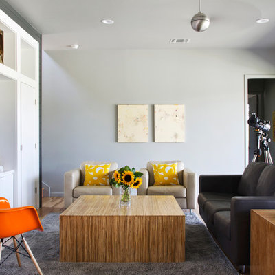 Inspiration for a country formal medium tone wood floor living room remodel in Austin with gray walls and a wall-mounted tv
