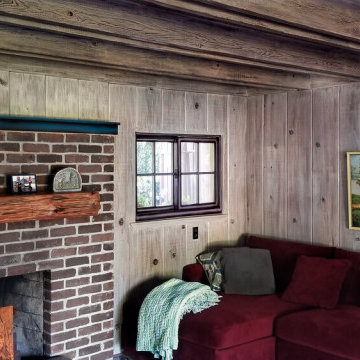 Farmhouse Interior- Whitewash, paint glaze finish trim, couch selection.