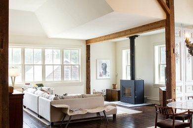 Inspiration for a large country dark wood floor living room remodel in Chicago with white walls and a wood stove