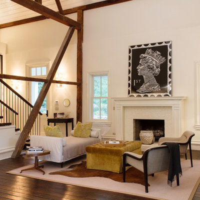 Living room - farmhouse formal and open concept dark wood floor living room idea in Chicago with white walls and a standard fireplace