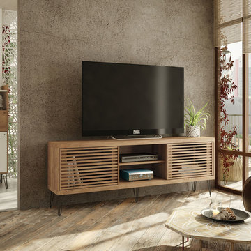 Farmhouse TV Stand with wood-slat sliding doors