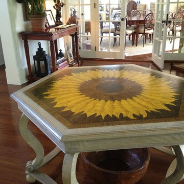 faux painted wood inlay table top.  Faux "limed oak" surround and base