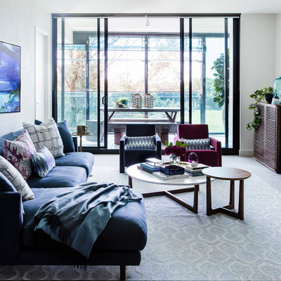 Mid-sized trendy formal and open concept carpeted and gray floor living room photo in Sydney with white walls and no fireplace