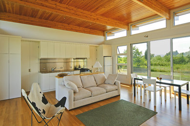 Medium sized modern open plan living room in Boston with white walls, light hardwood flooring and no fireplace.