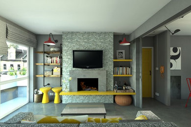 This is an example of a small industrial living room in London with grey walls, concrete flooring and a concrete fireplace surround.