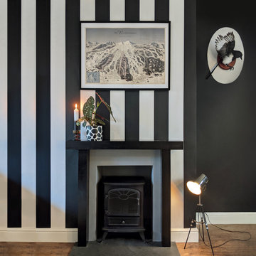 Fireplace and Striped Wall