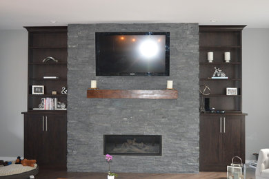 Kleines Modernes Wohnzimmer mit grauer Wandfarbe, braunem Holzboden, Kamin, Kaminumrandung aus Stein und TV-Wand in Sonstige