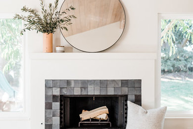 Inspiration for a transitional living room remodel in San Diego with a standard fireplace and a tile fireplace