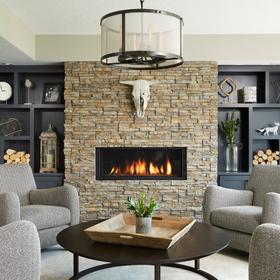Living room - large transitional formal and enclosed carpeted living room idea in Minneapolis with gray walls, no tv, a ribbon fireplace and a stone fireplace