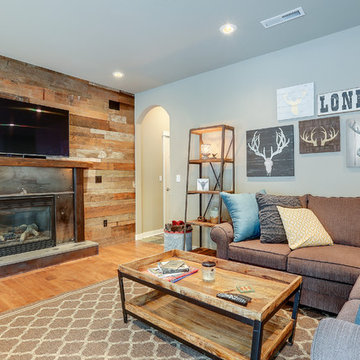 Fireplace with Barn Wood Mantel & Concrete Hearth