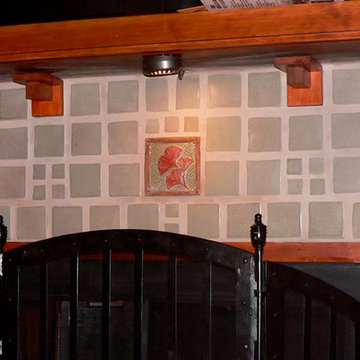 fireplace with gingko tile and copper gingko tile