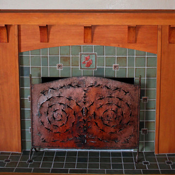 fireplace with green field tile and green gingko tile