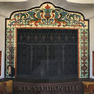 Fireplace with "Phoenix" tile panel and "Presidio" deco tiles