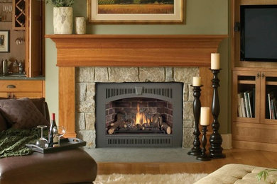 ダラスにあるお手頃価格の中くらいなトラディショナルスタイルのおしゃれなリビング (緑の壁、無垢フローリング、標準型暖炉、石材の暖炉まわり、埋込式メディアウォール、茶色い床) の写真