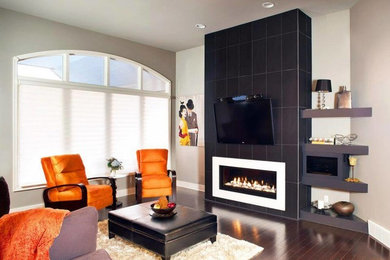 Inspiration for a large contemporary formal and enclosed carpeted and beige floor living room remodel in Omaha with gray walls, a ribbon fireplace, a plaster fireplace and a concealed tv