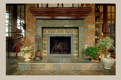 Living room - mid-sized transitional formal and enclosed slate floor living room idea with a standard fireplace, a brick fireplace and no tv
