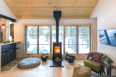 Small danish open concept light wood floor and beige floor living room photo in Other with white walls, a wood stove, a metal fireplace and a wall-mounted tv