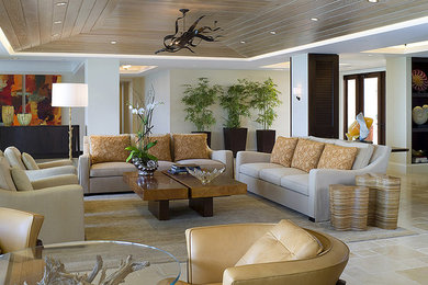 Large beach style formal and open concept porcelain tile living room photo in Miami with white walls and no tv