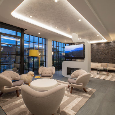 Inspiration for a contemporary open concept porcelain tile and gray floor living room remodel in DC Metro with a two-sided fireplace, a metal fireplace, white walls and a media wall