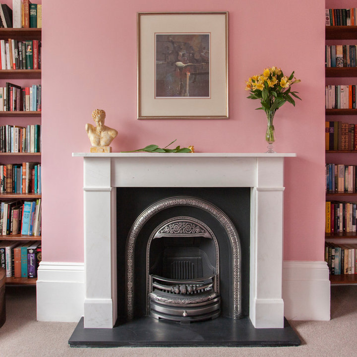 75 Beautiful Living Room with Pink Walls and a Stone Fireplace Surround Ideas and Designs