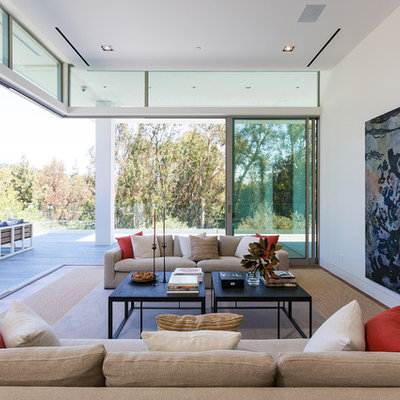 Mid-sized trendy formal and open concept living room photo in Los Angeles with white walls