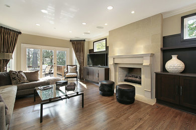 Large transitional open concept medium tone wood floor living room photo in Dallas with beige walls, a standard fireplace, a tile fireplace and a media wall