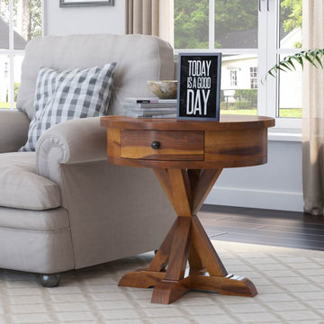 Floreo Rustic Solid Wood Round End Table With Drawer