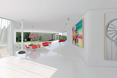 Diseño de salón abierto minimalista extra grande sin televisor y chimenea con paredes blancas y suelo de cemento