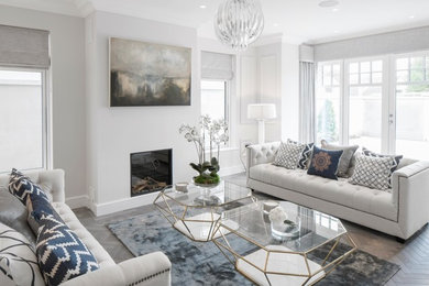 Inspiration for a mid-sized transitional light wood floor living room remodel in Dublin with white walls, a standard fireplace and a plaster fireplace