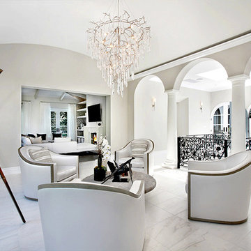 Formal elegant white and light grey living room/landing area