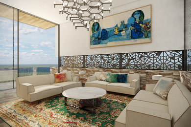 Ejemplo de salón para visitas cerrado moderno grande sin televisor con paredes multicolor, suelo de pizarra y suelo beige
