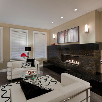 Formal Living Room With Stone Slab Fireplace