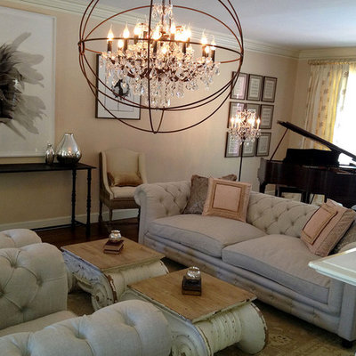 Example of a mid-sized transitional enclosed dark wood floor living room design in Boston with a standard fireplace, a stone fireplace, no tv, beige walls and a music area