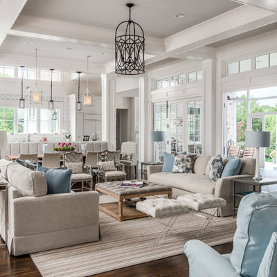 Inspiration for a large transitional open concept dark wood floor living room remodel in Nashville with white walls, a standard fireplace, a stone fireplace and no tv