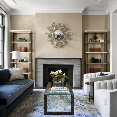 Living room - contemporary formal and open concept living room idea in Chicago with beige walls, a standard fireplace, a stone fireplace and no tv