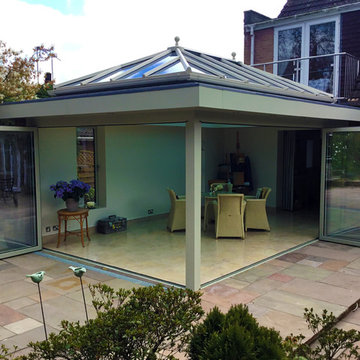 French Grey Orangery Installed With Corner Post Origin Bi Fold Doors