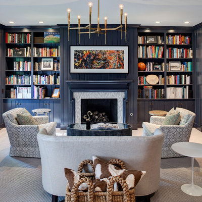 Example of a transitional carpeted living room library design in Chicago with blue walls, a standard fireplace, a tile fireplace and no tv
