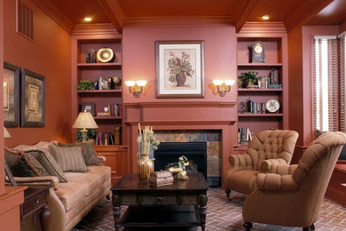 Example of a mid-sized classic formal and enclosed medium tone wood floor and red floor living room design in Baltimore with red walls, a standard fireplace, no tv and a tile fireplace