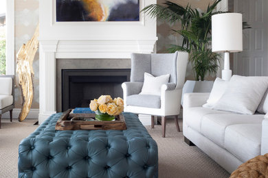 Transitional formal carpeted living room photo in Los Angeles with multicolored walls and a standard fireplace