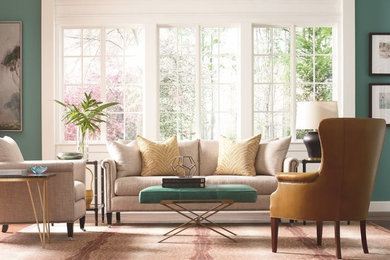 Living room - mid-sized transitional open concept dark wood floor and brown floor living room idea in Boston with green walls, no fireplace and no tv