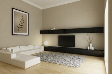 Modelo de salón para visitas cerrado contemporáneo de tamaño medio sin chimenea y televisor con paredes beige, suelo de madera clara y suelo beige
