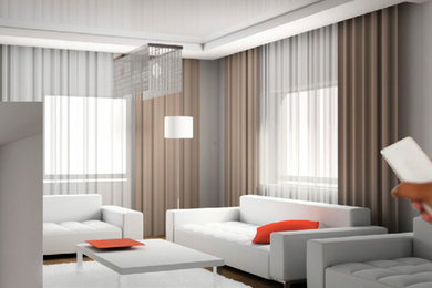 Foto de salón para visitas cerrado moderno de tamaño medio sin chimenea con paredes grises, suelo de madera en tonos medios y televisor independiente