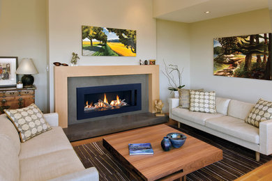 Inspiration for a mid-sized transitional formal and enclosed medium tone wood floor and brown floor living room remodel in San Francisco with a standard fireplace, a concrete fireplace, beige walls and no tv