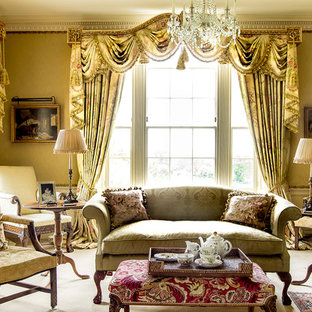 Inspiration for a medium sized classic enclosed living room in London with yellow walls, carpet and beige floors.