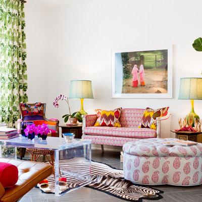 Trendy living room photo in New York with white walls